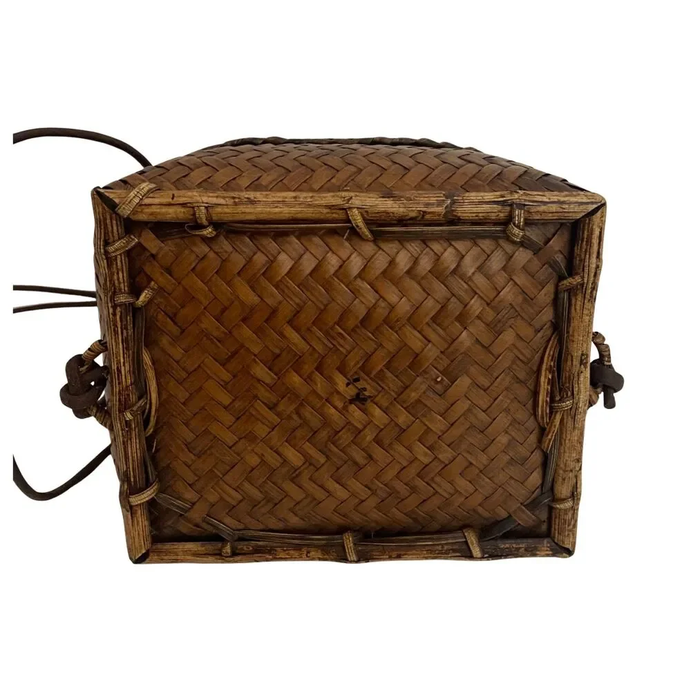 VTG Japanese Bamboo Ikebana Woven Wave Lidded Basket Purse Square Bag